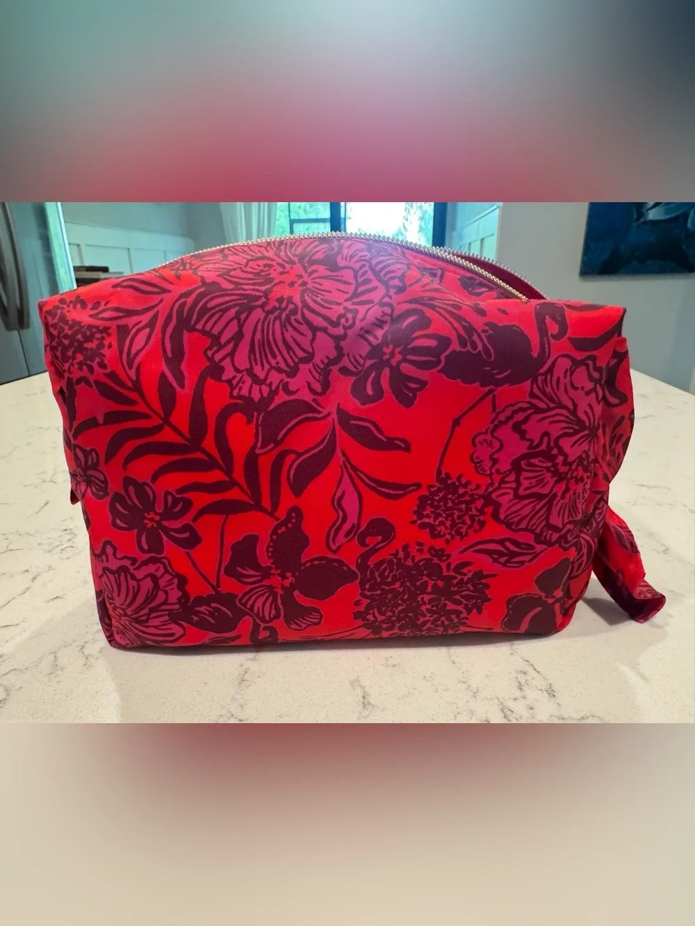 Lilly Pulitzer Red Floral Cosmetic/Toiletry Bag - gold hardware w/ bow detail